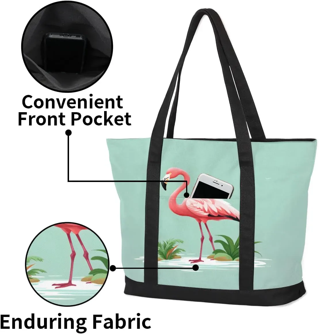 Types of Birds Stylish Canvas Tote Bag with an External Pocket Top Zipper Closure Tote Bag for Women