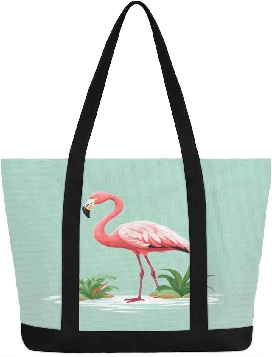 Types of Birds Stylish Canvas Tote Bag with an External Pocket Top Zipper Closure Tote Bag for Women
