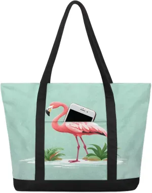 Types of Birds Stylish Canvas Tote Bag with an External Pocket Top Zipper Closure Tote Bag for Women