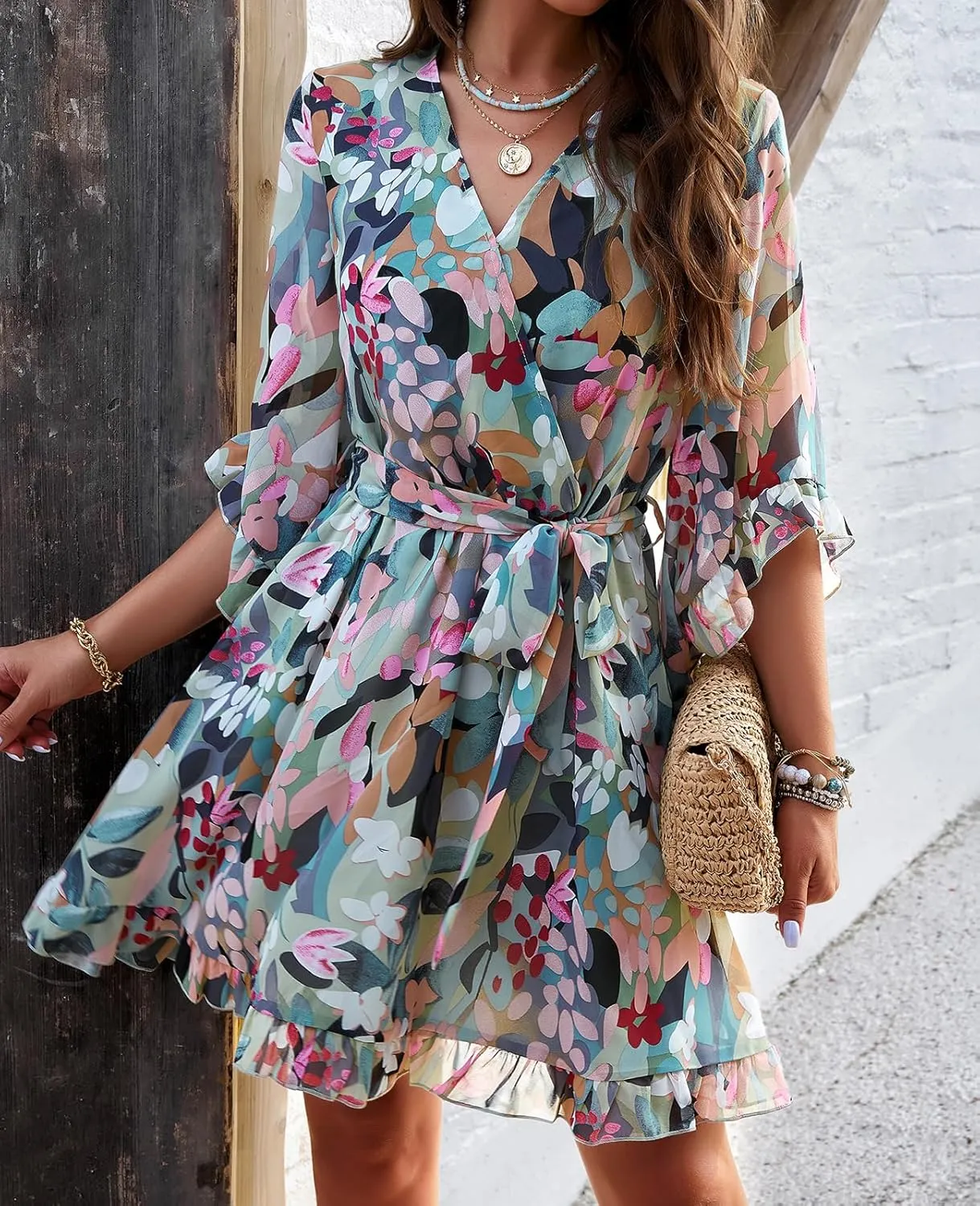 UONBOX Women's Floral Print Boho Dress V Neck Ruffle A-line Beach Mini Dress with Belt