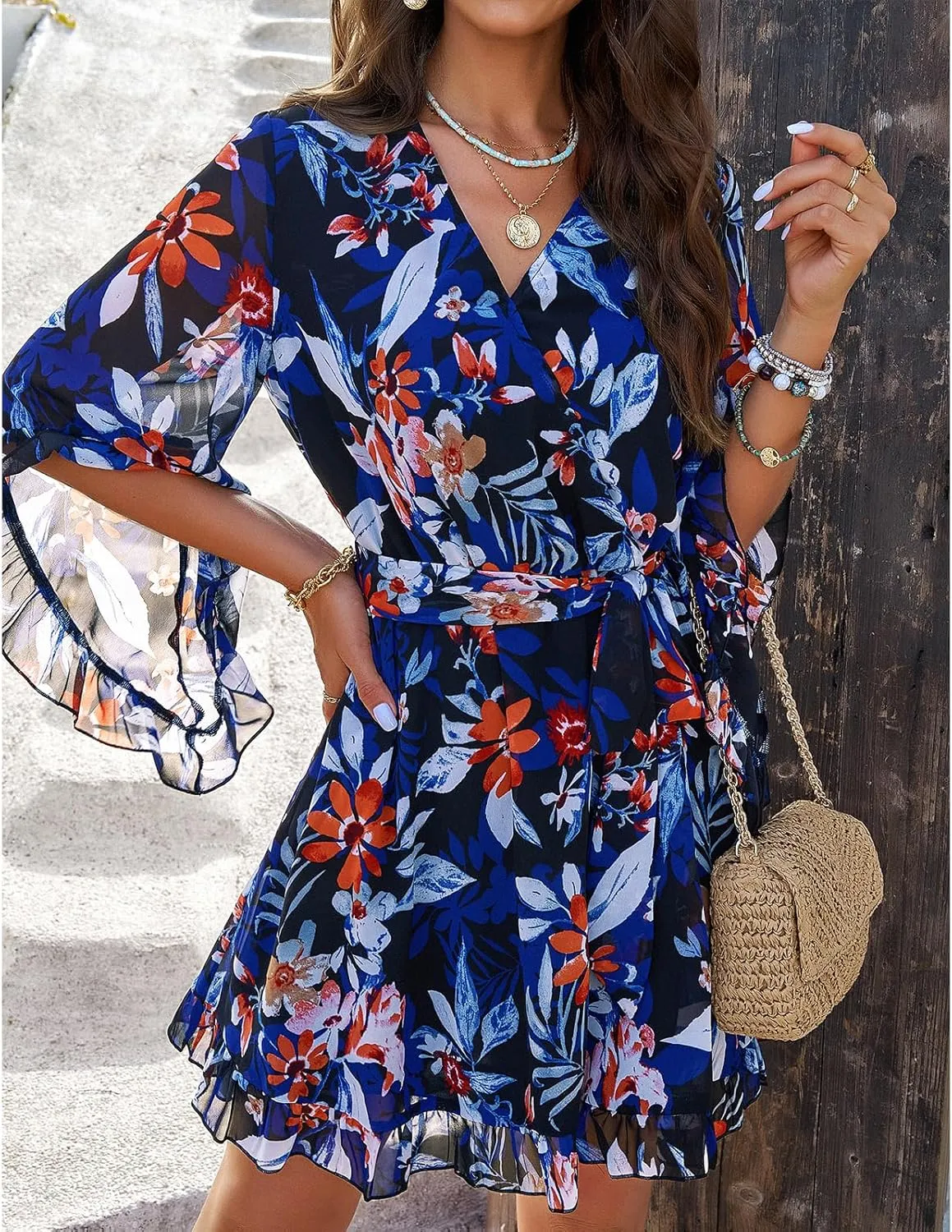 UONBOX Women's Floral Print Boho Dress V Neck Ruffle A-line Beach Mini Dress with Belt