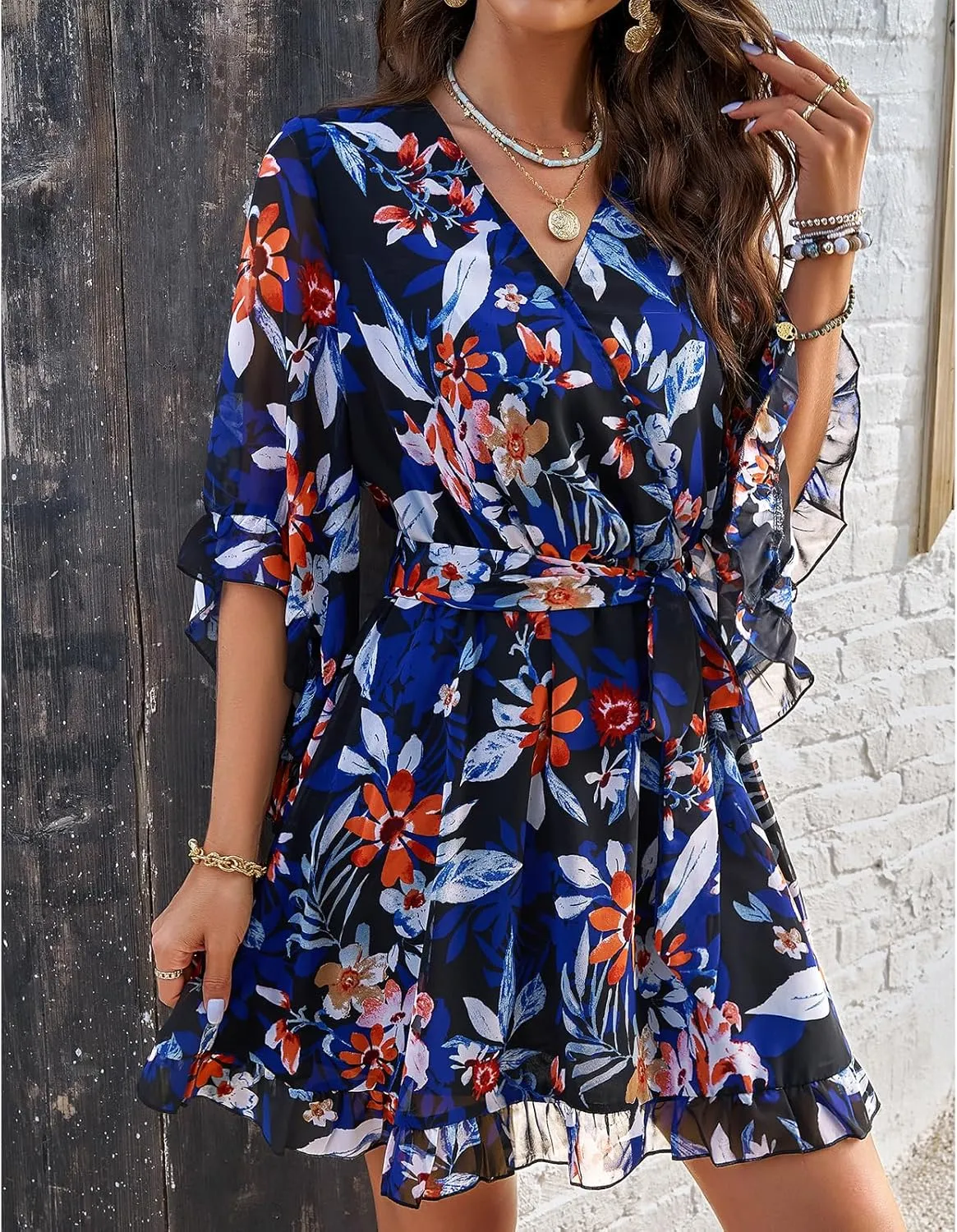 UONBOX Women's Floral Print Boho Dress V Neck Ruffle A-line Beach Mini Dress with Belt