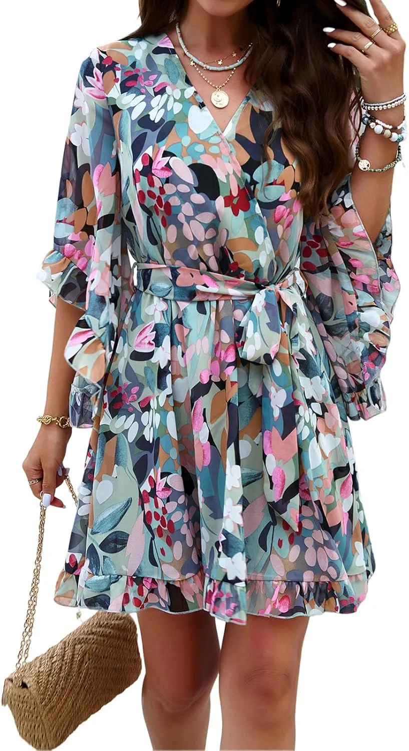 UONBOX Women's Floral Print Boho Dress V Neck Ruffle A-line Beach Mini Dress with Belt
