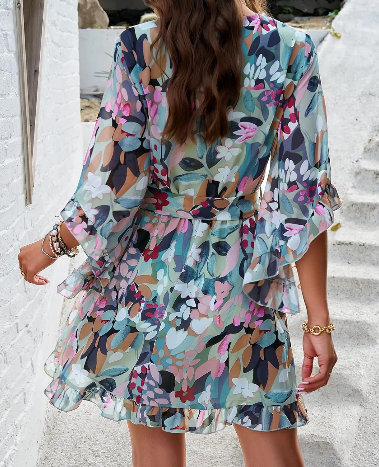 UONBOX Women's Floral Print Boho Dress V Neck Ruffle A-line Beach Mini Dress with Belt