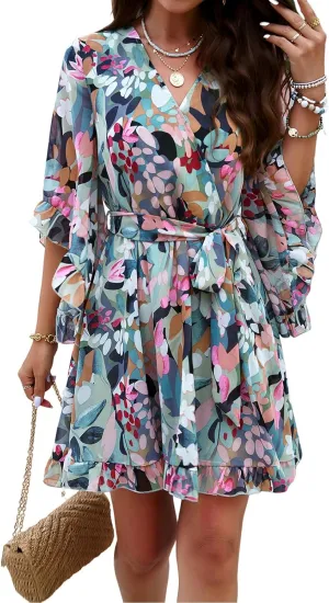 UONBOX Women's Floral Print Boho Dress V Neck Ruffle A-line Beach Mini Dress with Belt
