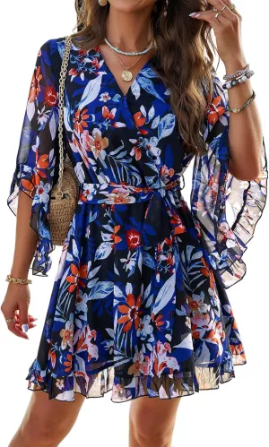 UONBOX Women's Floral Print Boho Dress V Neck Ruffle A-line Beach Mini Dress with Belt