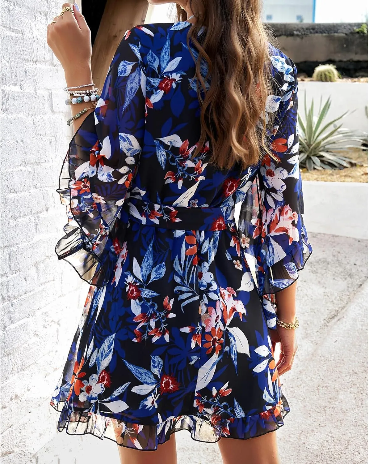 UONBOX Women's Floral Print Boho Dress V Neck Ruffle A-line Beach Mini Dress with Belt