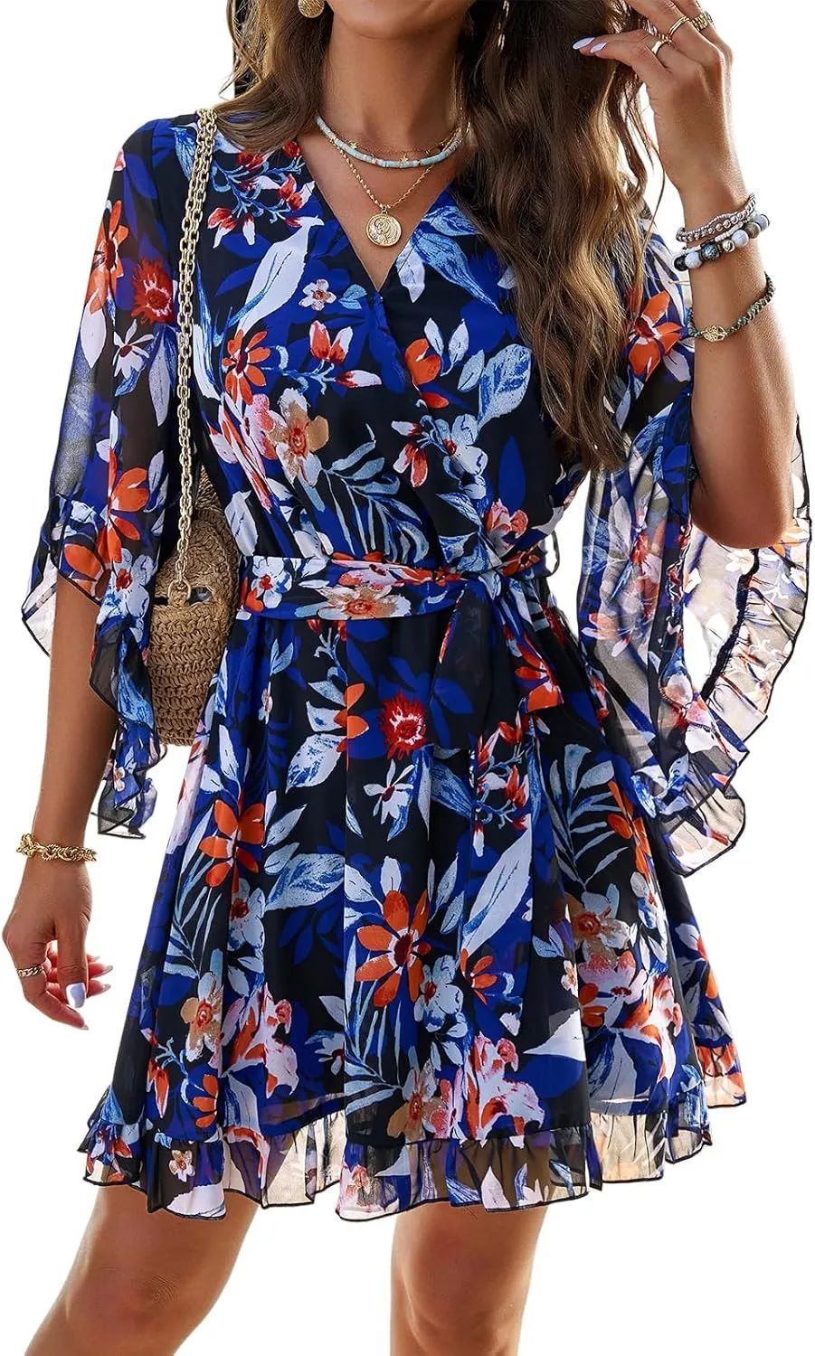 UONBOX Women's Floral Print Boho Dress V Neck Ruffle A-line Beach Mini Dress with Belt