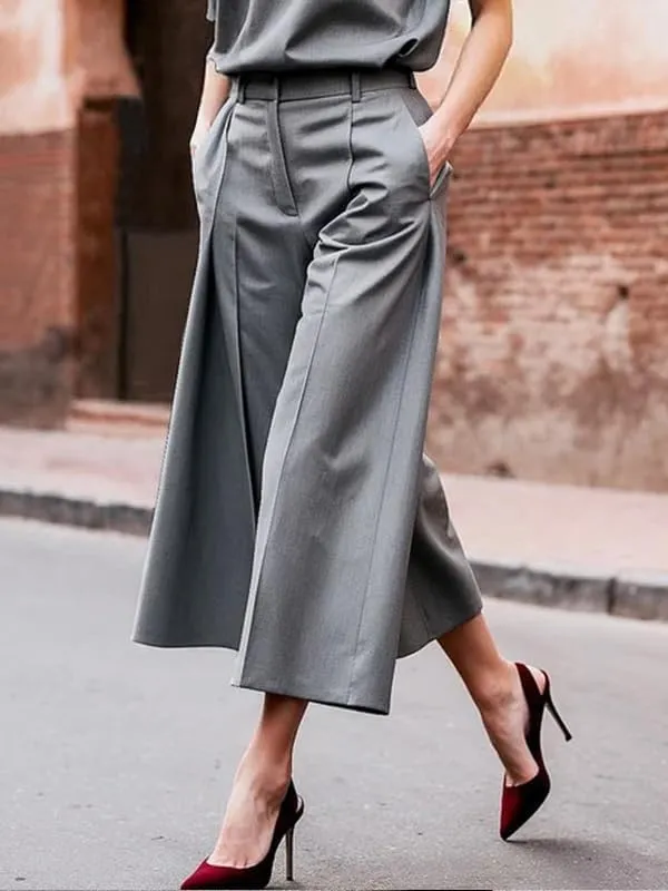 UOOZEE Women's Cropped Wide Leg Pants Elastic High Waist Trousers with Pocket Business Casual Work Summer Pants