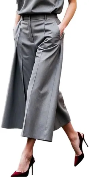 UOOZEE Women's Cropped Wide Leg Pants Elastic High Waist Trousers with Pocket Business Casual Work Summer Pants