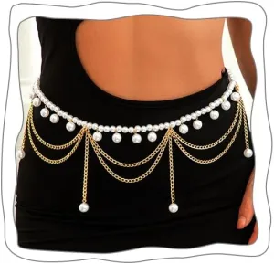 Uranian Pearl Waist Chains Layered Pearl Body Chains Beaded Belly Chains Gold Waist Chain Belt for Women