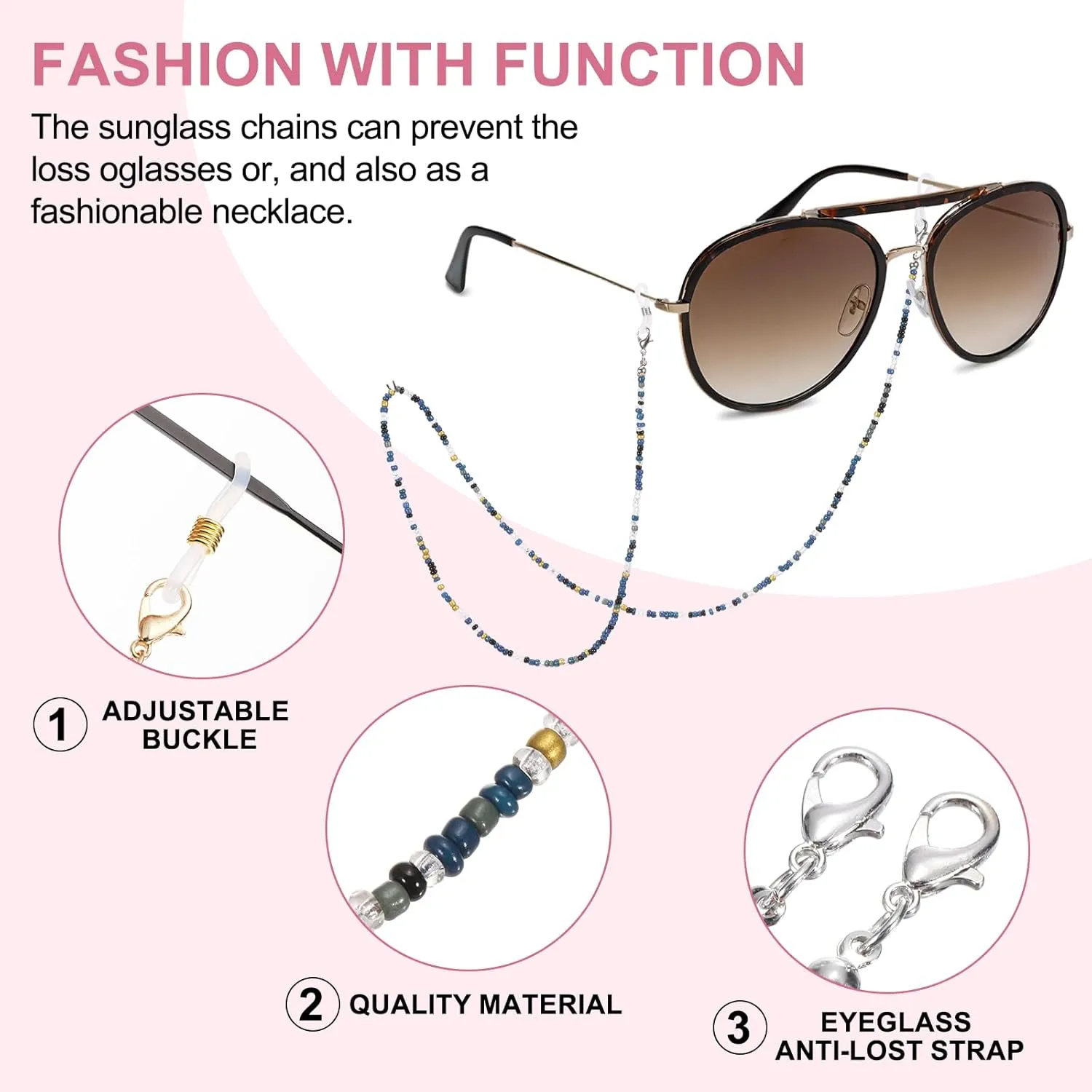 uxcell Eyeglass Chains for Women, Eyeglass Holder Bead Chains Adjustable Sunglasses Lanyards Holder Chains for Glass