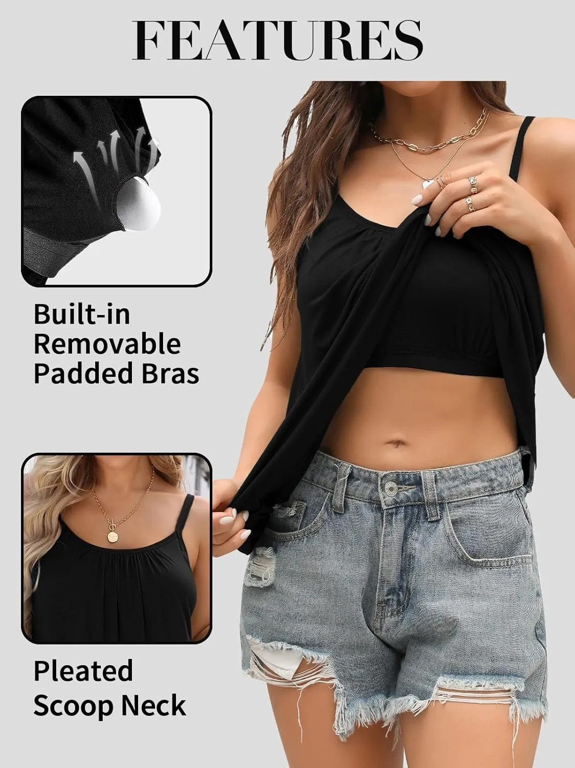 V FOR CITY Camisole Top for Women with Built in Bra Adjustable Strap Tank Top Summer Loose Fit Cami Shirt S-3XL