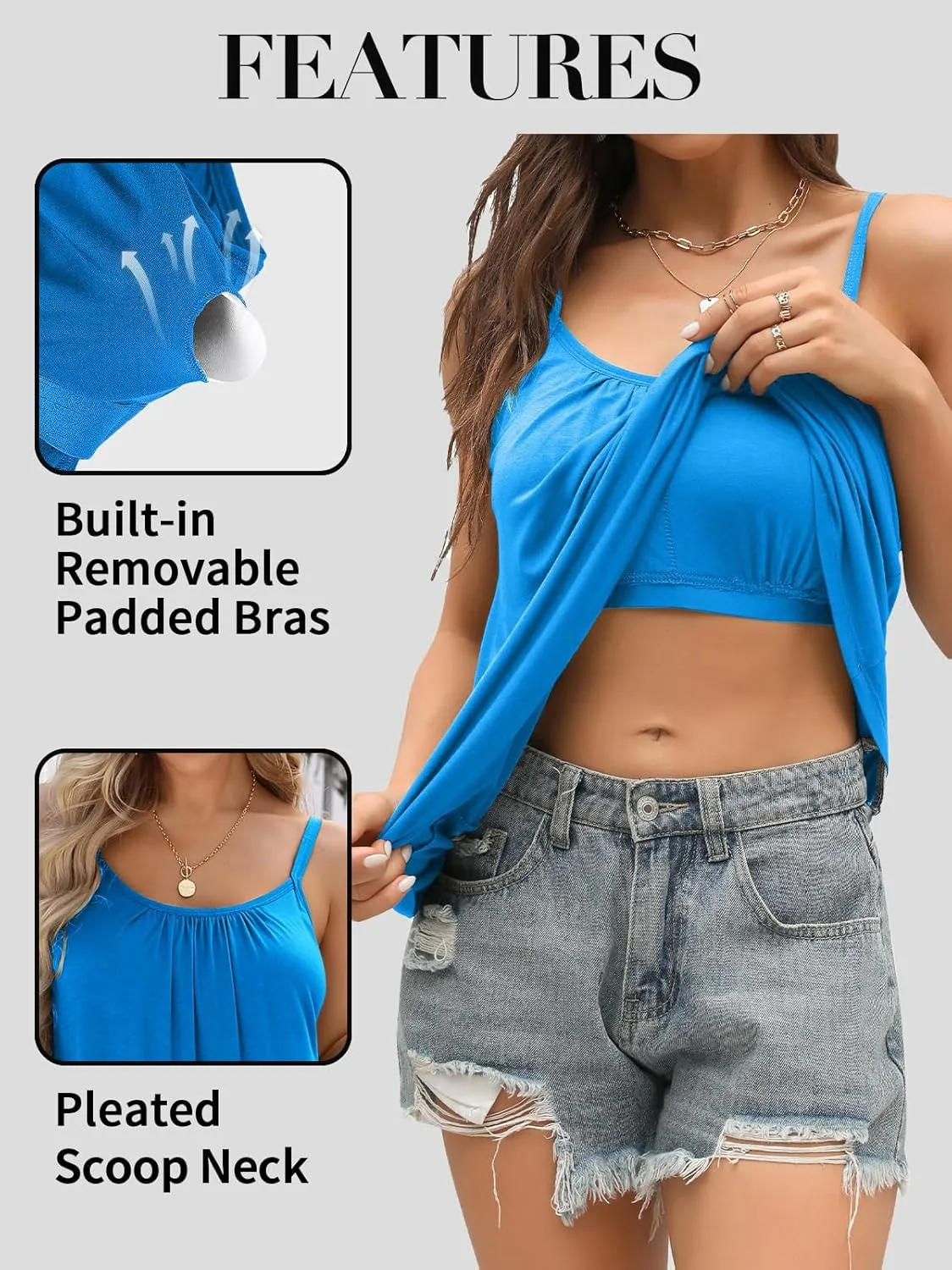 V FOR CITY Camisole Top for Women with Built in Bra Adjustable Strap Tank Top Summer Loose Fit Cami Shirt S-3XL
