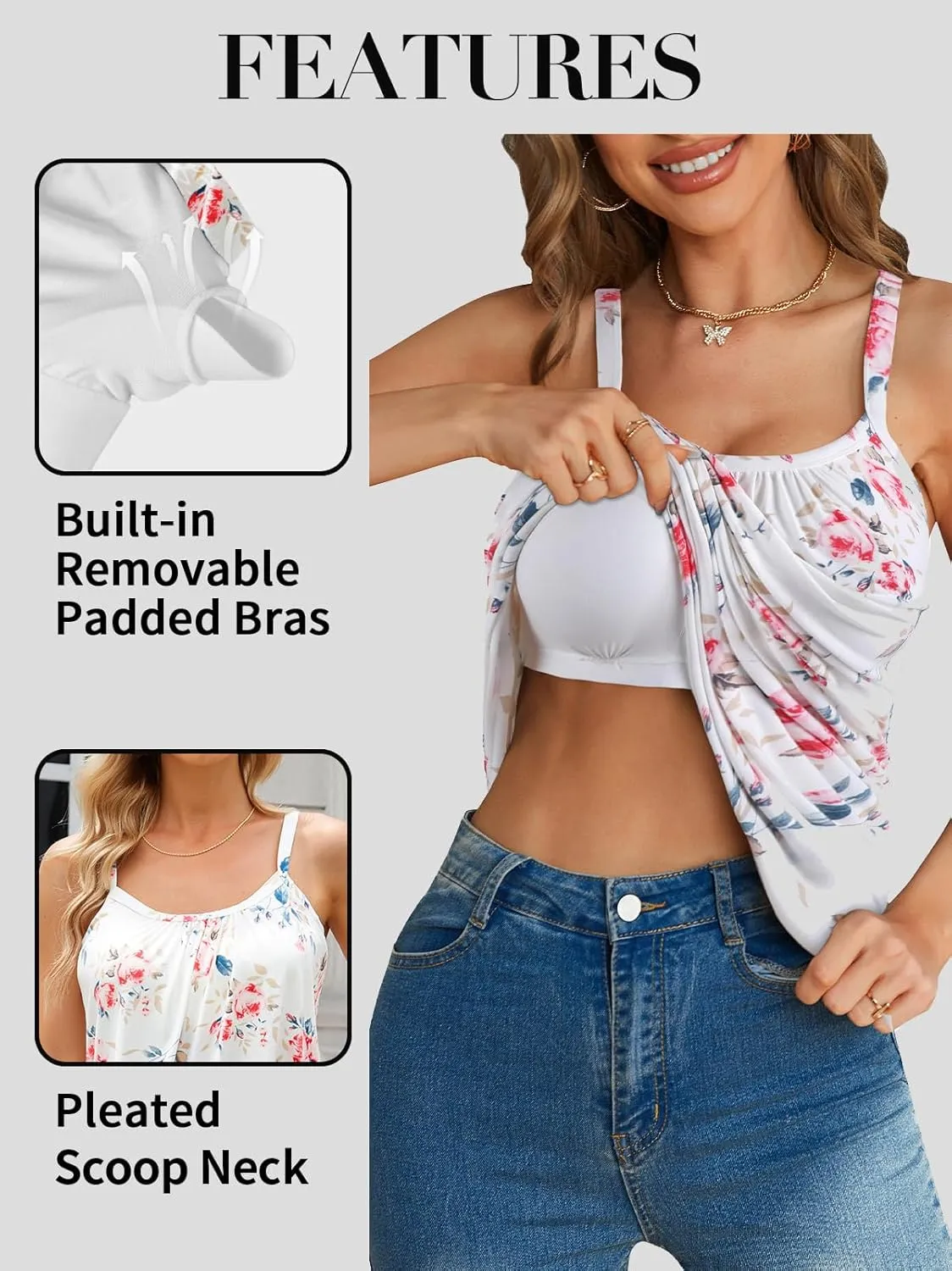 V FOR CITY Camisole Top for Women with Built in Bra Adjustable Strap Tank Top Summer Loose Fit Cami Shirt S-3XL