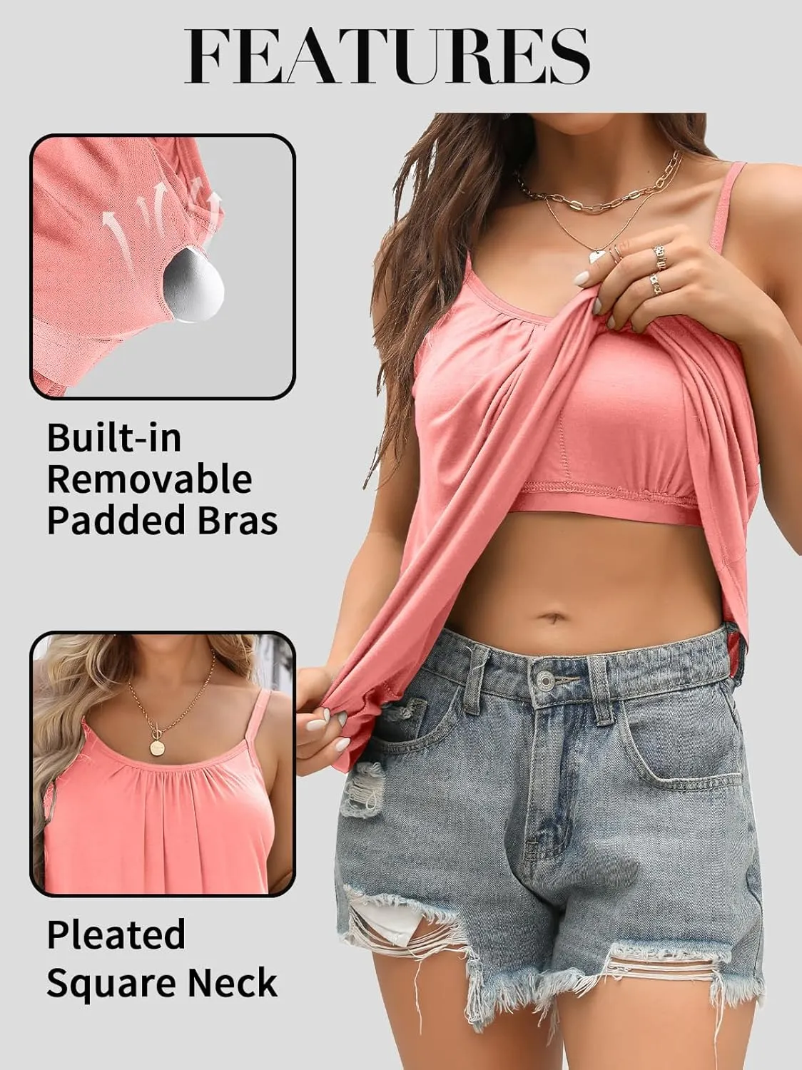 V FOR CITY Camisole Top for Women with Built in Bra Adjustable Strap Tank Top Summer Loose Fit Cami Shirt S-3XL