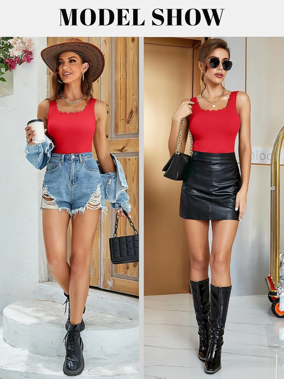 V FOR CITY Women Square Neck Tank Tops with Built in Bras Scallop Trim Fitted Camisole Ribbed Summer Top