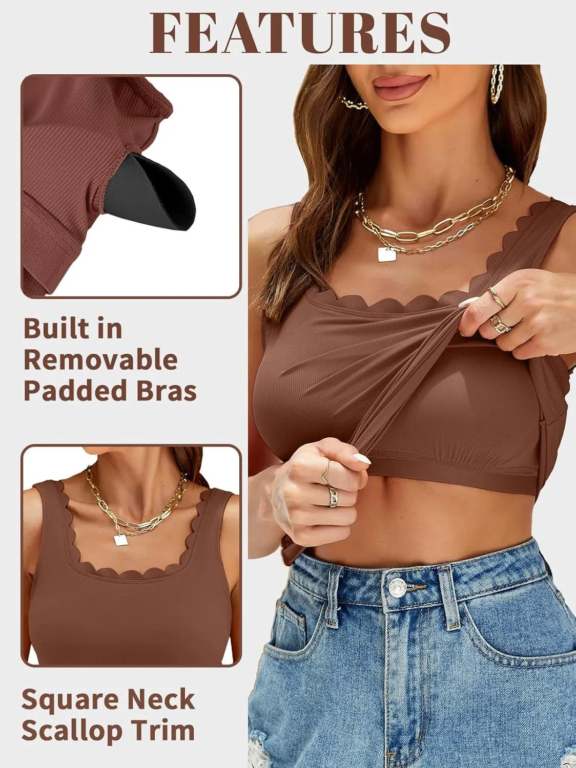 V FOR CITY Women Square Neck Tank Tops with Built in Bras Scallop Trim Fitted Camisole Ribbed Summer Top
