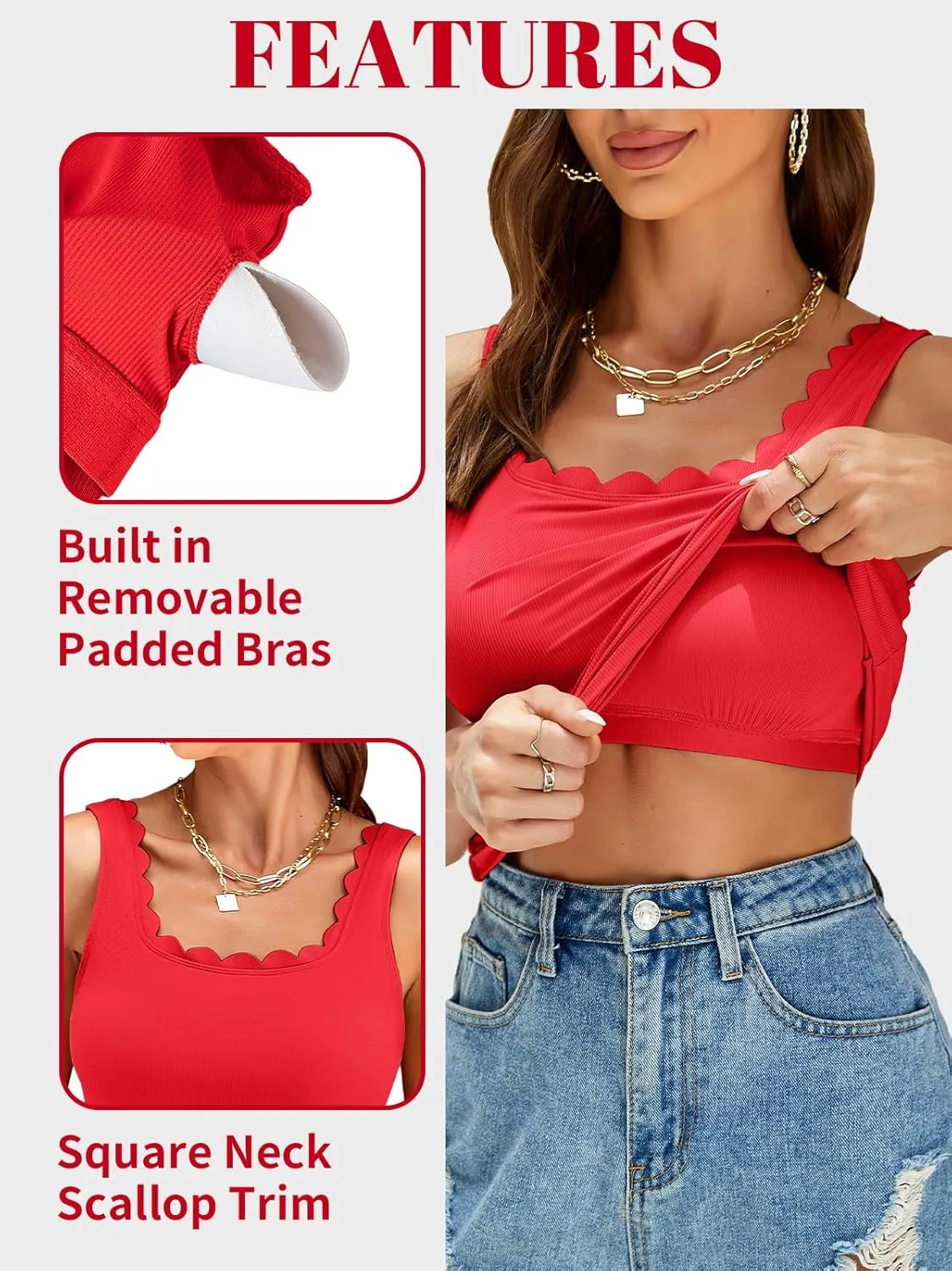 V FOR CITY Women Square Neck Tank Tops with Built in Bras Scallop Trim Fitted Camisole Ribbed Summer Top