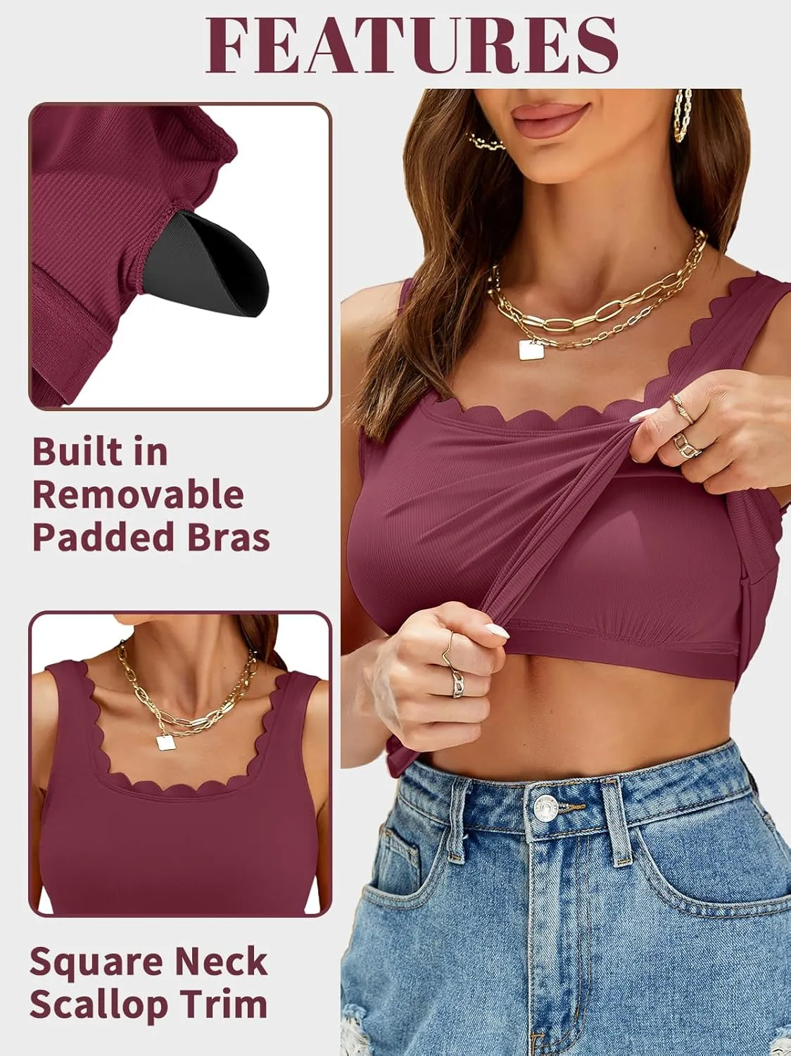 V FOR CITY Women Square Neck Tank Tops with Built in Bras Scallop Trim Fitted Camisole Ribbed Summer Top