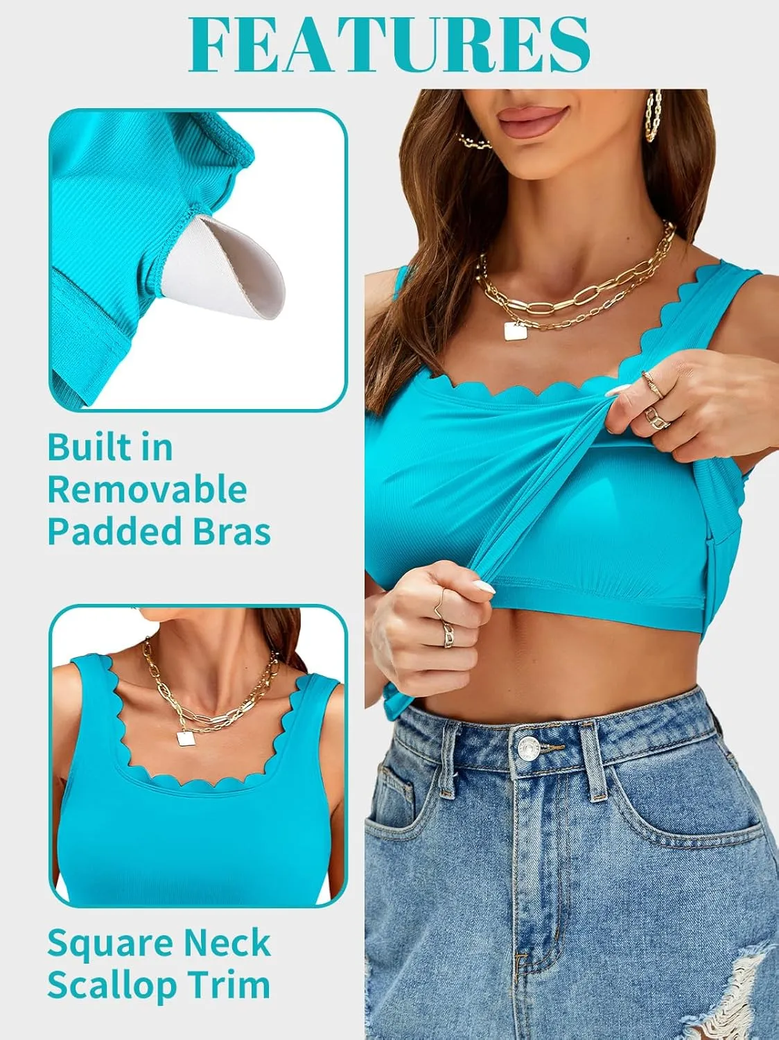 V FOR CITY Women Square Neck Tank Tops with Built in Bras Scallop Trim Fitted Camisole Ribbed Summer Top