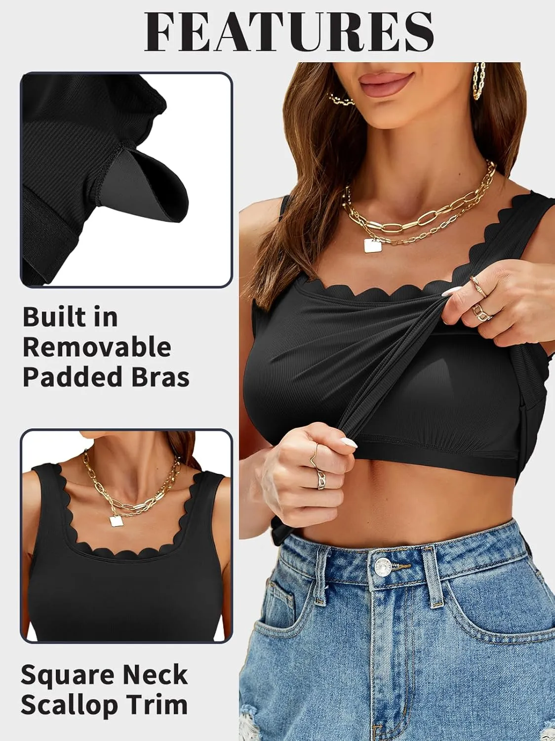 V FOR CITY Women Square Neck Tank Tops with Built in Bras Scallop Trim Fitted Camisole Ribbed Summer Top