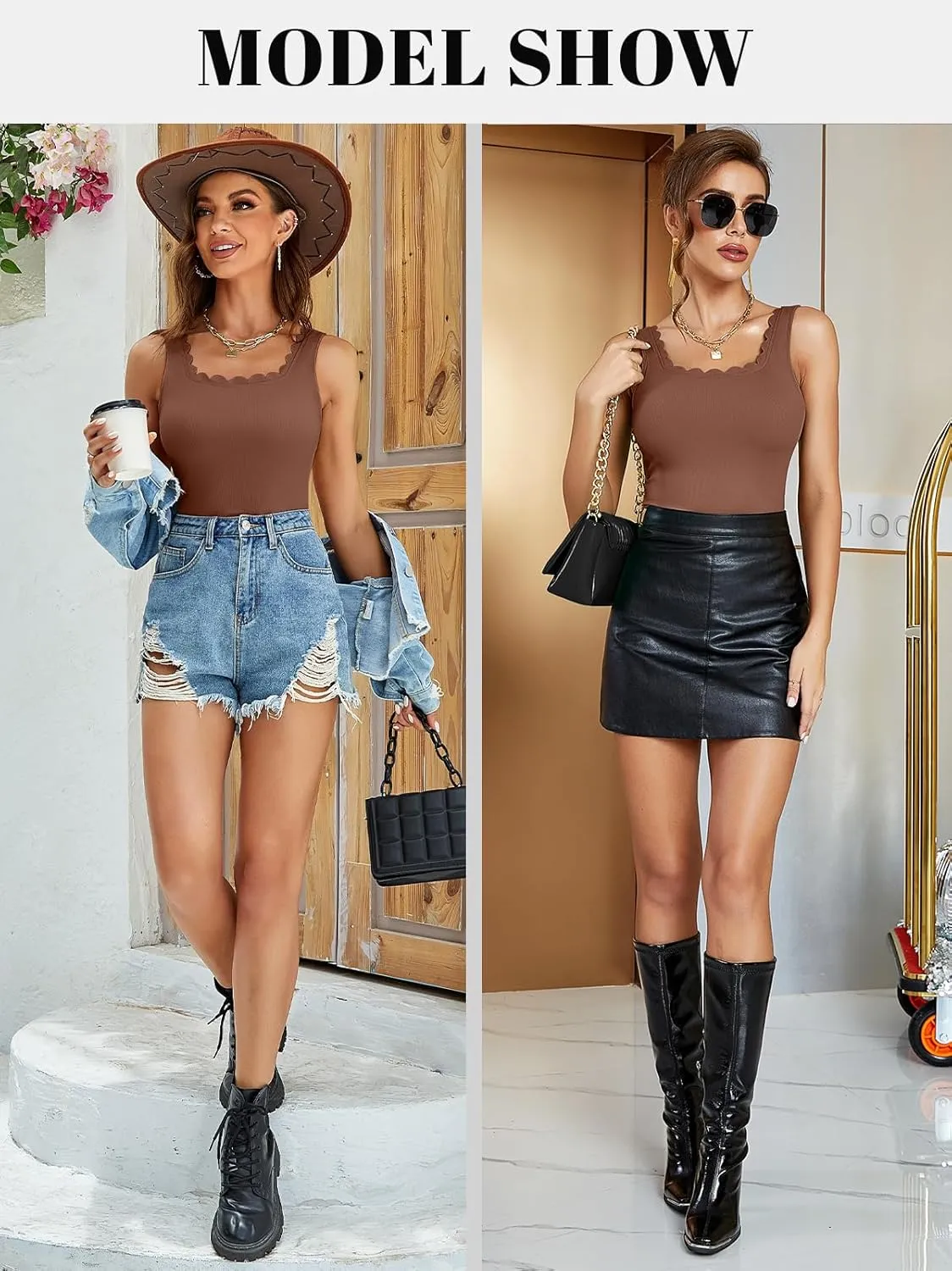 V FOR CITY Women Square Neck Tank Tops with Built in Bras Scallop Trim Fitted Camisole Ribbed Summer Top