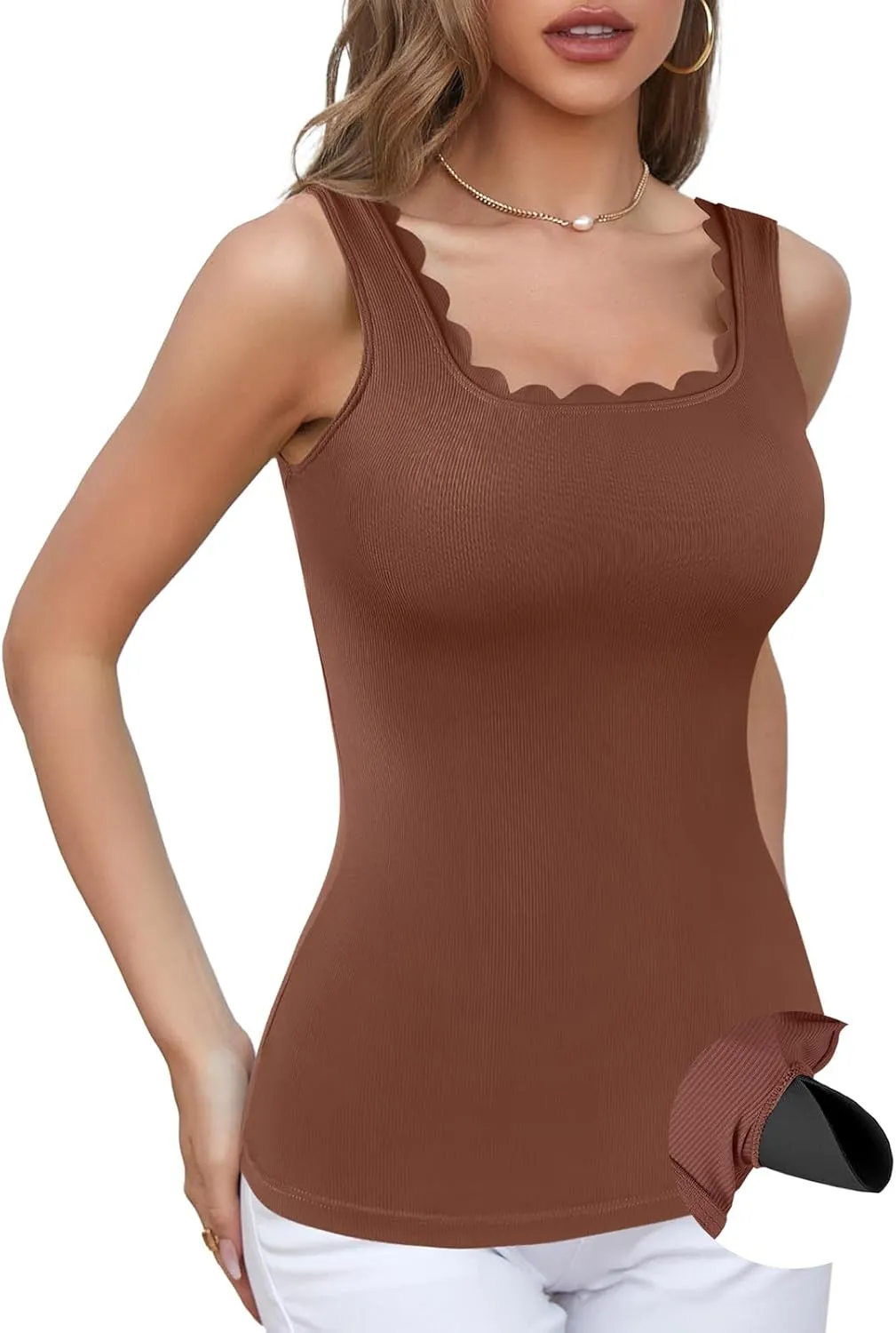 V FOR CITY Women Square Neck Tank Tops with Built in Bras Scallop Trim Fitted Camisole Ribbed Summer Top