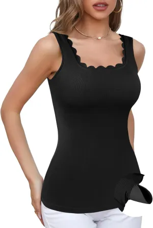 V FOR CITY Women Square Neck Tank Tops with Built in Bras Scallop Trim Fitted Camisole Ribbed Summer Top