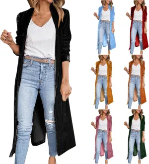 Velvet Cardigan for Women Long Lapel Long Sleeve Shirt with Pockets Mid-Length Open Front Trench Kimono Coat
