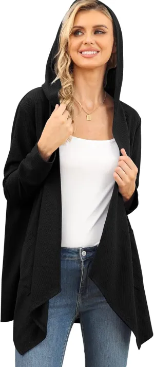 VIISHOW Womens Lightweight Casual Hoodie Cardigans Open Front Waffle Knit Long Sleeve Outwear Coat with Pockets