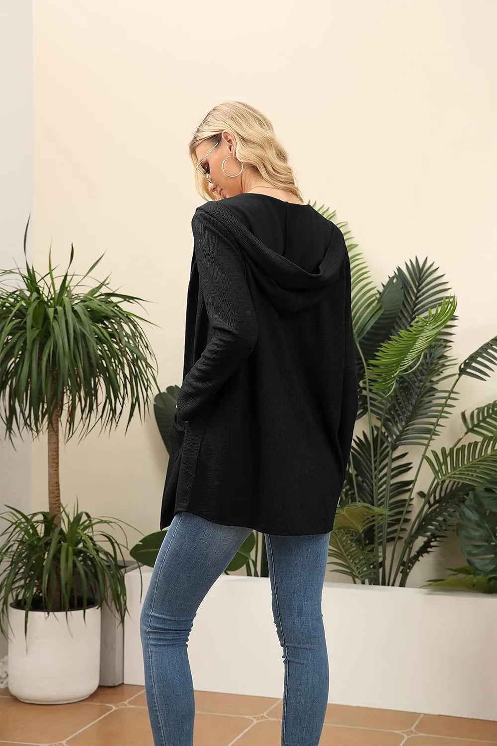 VIISHOW Womens Lightweight Casual Hoodie Cardigans Open Front Waffle Knit Long Sleeve Outwear Coat with Pockets