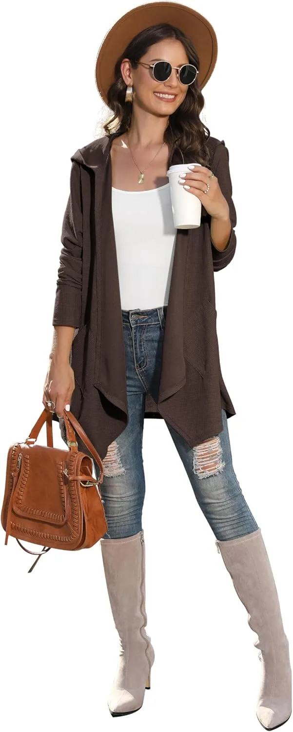 VIISHOW Womens Lightweight Casual Hoodie Cardigans Open Front Waffle Knit Long Sleeve Outwear Coat with Pockets