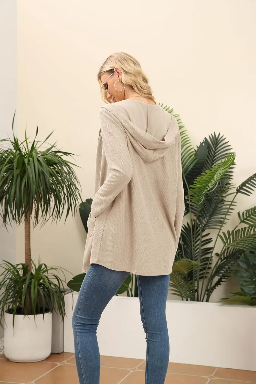 VIISHOW Womens Lightweight Casual Hoodie Cardigans Open Front Waffle Knit Long Sleeve Outwear Coat with Pockets