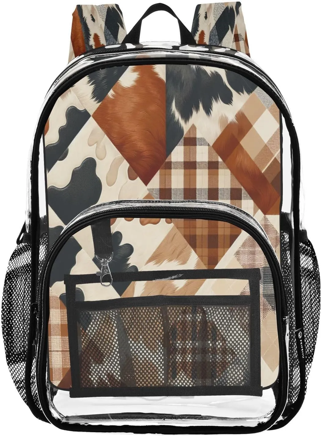 Vintage Checkered Cow Print Clear Backpack with Back Print, Heavy Duty See Through Backpacks PVC Transparent Daypack for Travel Security
