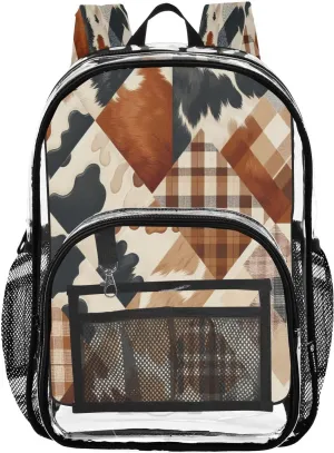 Vintage Checkered Cow Print Clear Backpack with Back Print, Heavy Duty See Through Backpacks PVC Transparent Daypack for Travel Security