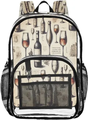 Vintage Newspaper Wine Glasses Clear Backpack with Back Print, Heavy Duty See Through Backpacks PVC Transparent Daypack for Travel Security
