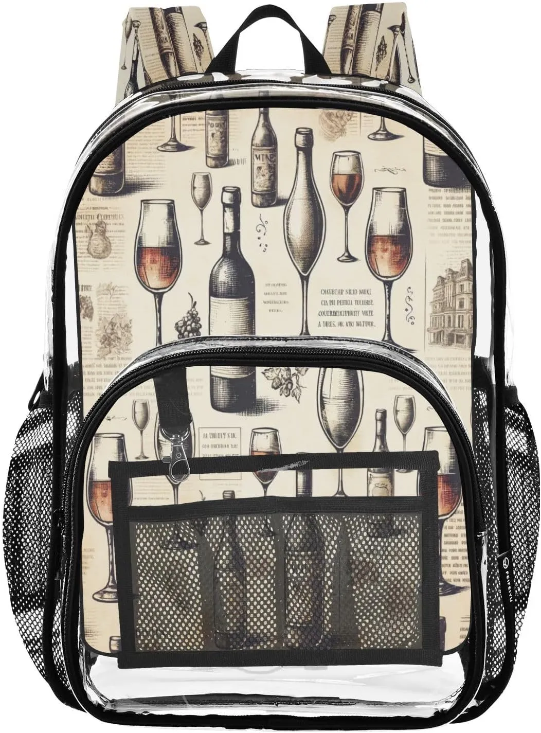 Vintage Newspaper Wine Glasses Clear Backpack with Back Print, Heavy Duty See Through Backpacks PVC Transparent Daypack for Travel Security