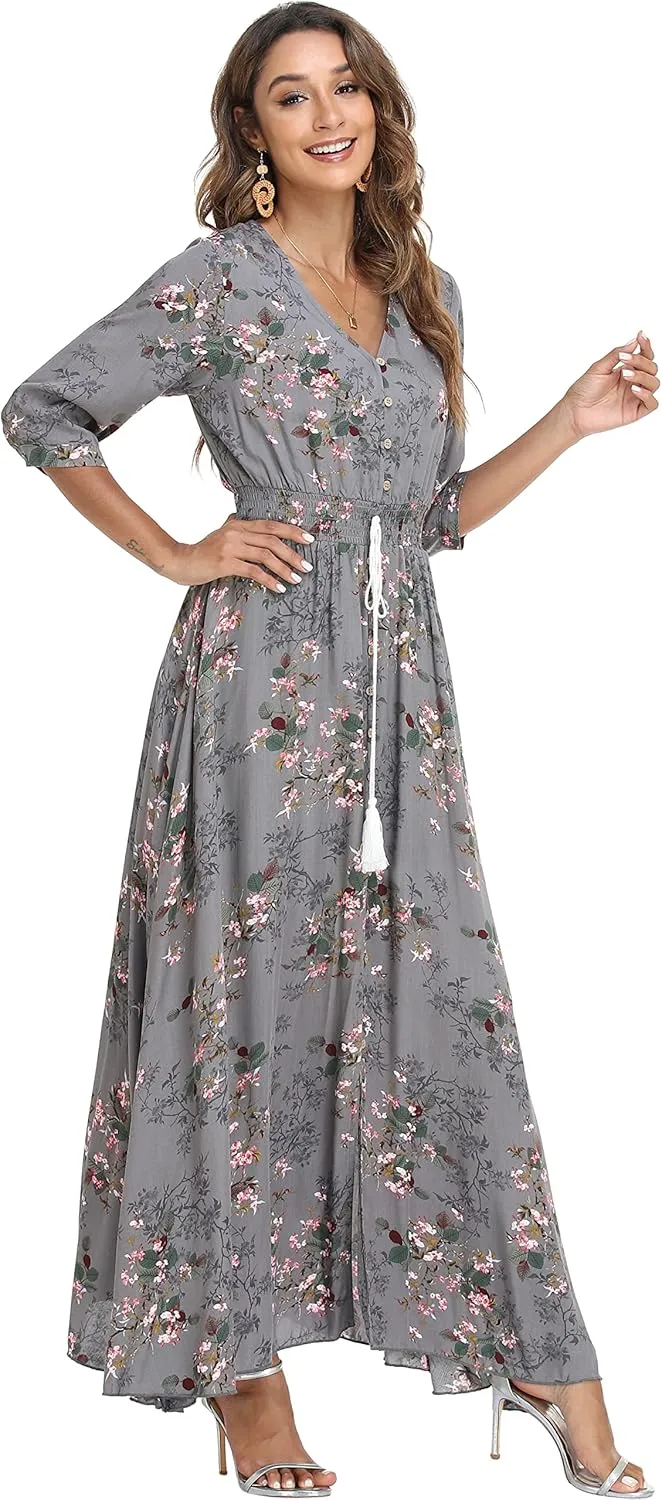 VintageClothing Women's Floral Maxi Dresses with Sleeves Flowy Boho Beach Dress