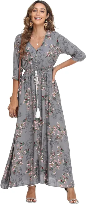 VintageClothing Women's Floral Maxi Dresses with Sleeves Flowy Boho Beach Dress