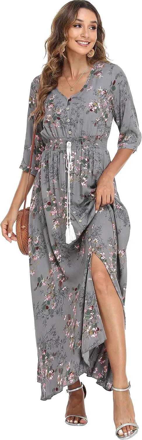VintageClothing Women's Floral Maxi Dresses with Sleeves Flowy Boho Beach Dress