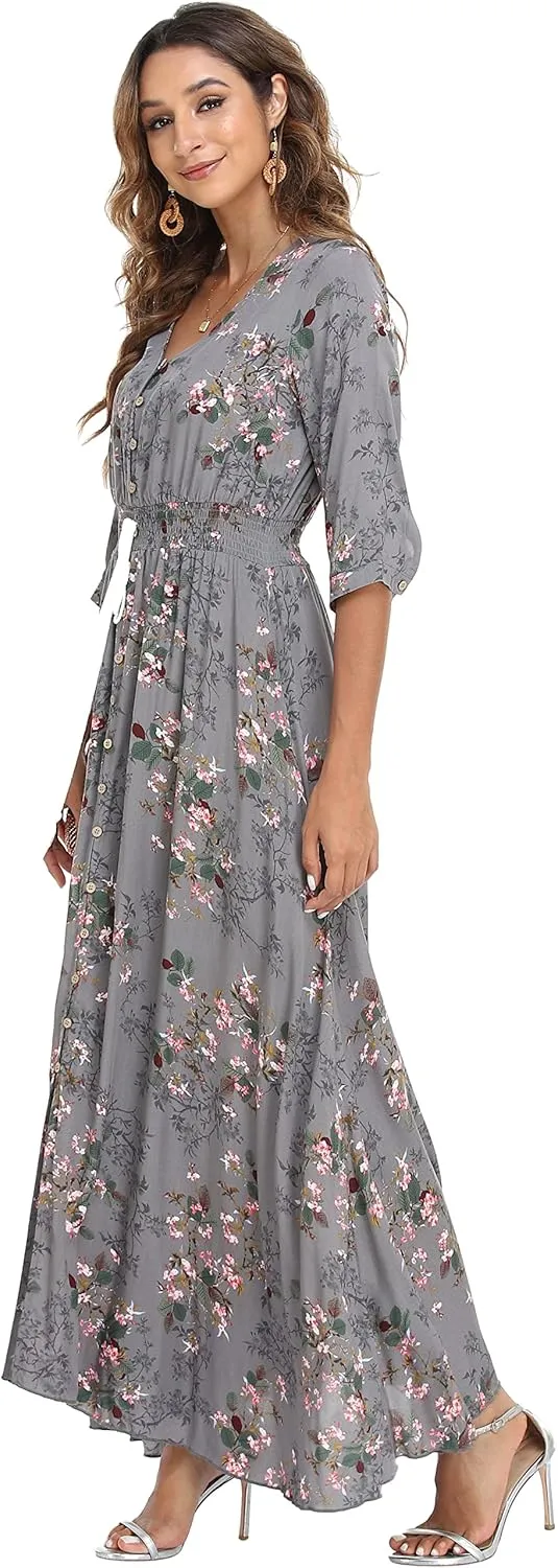 VintageClothing Women's Floral Maxi Dresses with Sleeves Flowy Boho Beach Dress