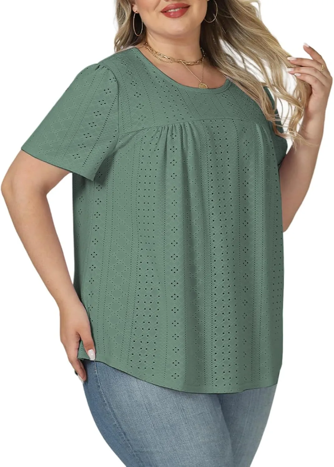 VISLILY Womens-Plus-Size-Summer-Tops Trendy Eyelet Embroidery T Shirts Cute Curved Hem Tunics Casual Short Sleeve Blouse Tees