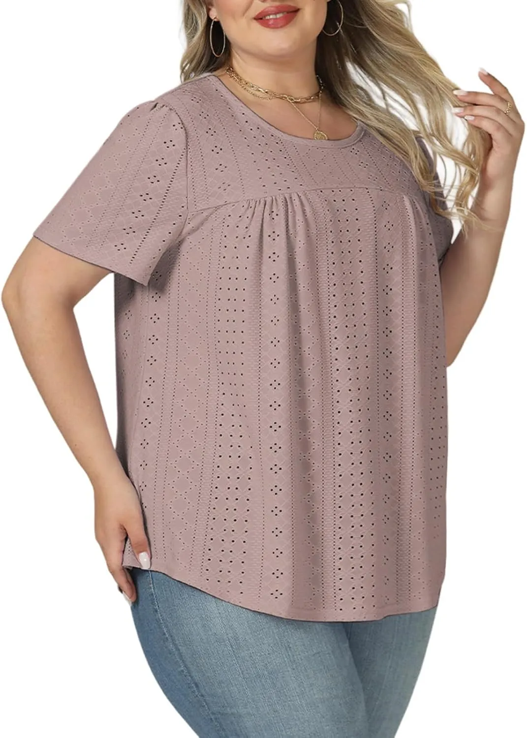 VISLILY Womens-Plus-Size-Summer-Tops Trendy Eyelet Embroidery T Shirts Cute Curved Hem Tunics Casual Short Sleeve Blouse Tees