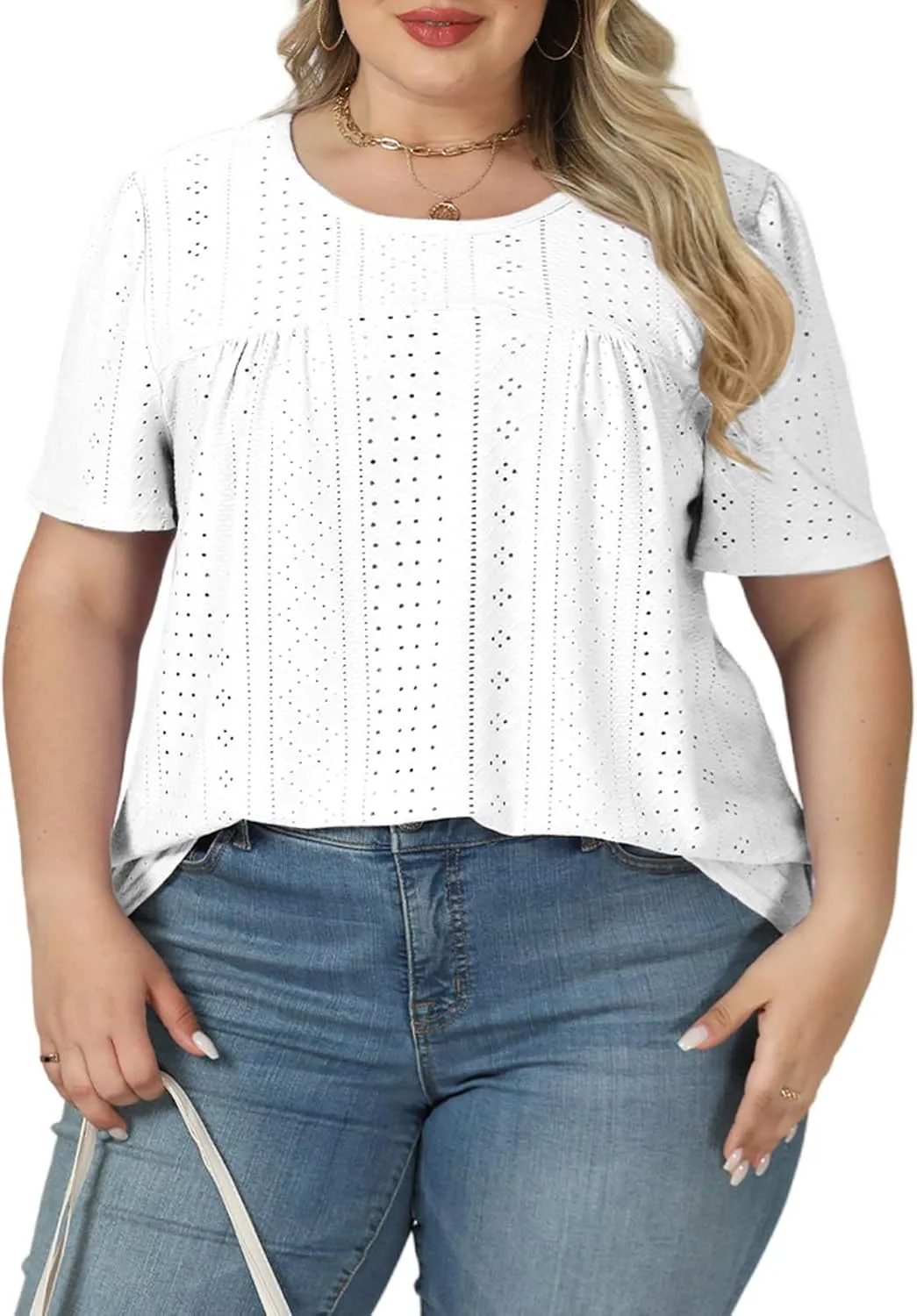 VISLILY Womens-Plus-Size-Summer-Tops Trendy Eyelet Embroidery T Shirts Cute Curved Hem Tunics Casual Short Sleeve Blouse Tees