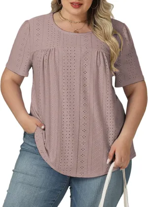 VISLILY Womens-Plus-Size-Summer-Tops Trendy Eyelet Embroidery T Shirts Cute Curved Hem Tunics Casual Short Sleeve Blouse Tees