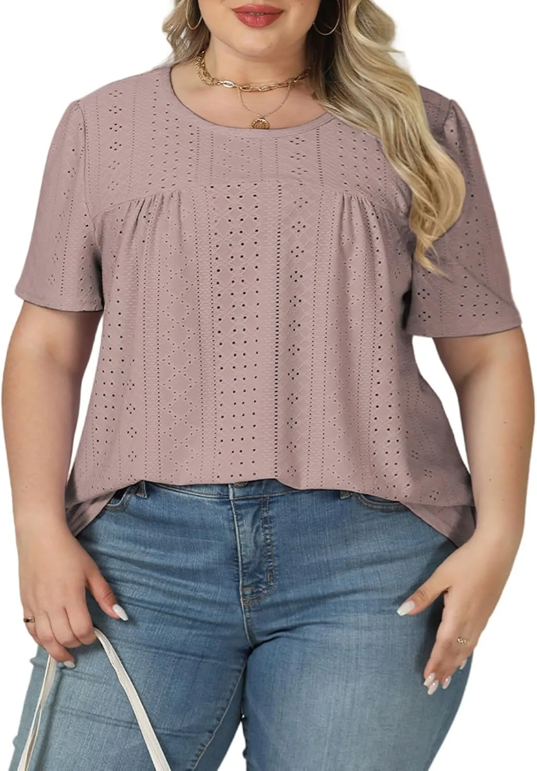VISLILY Womens-Plus-Size-Summer-Tops Trendy Eyelet Embroidery T Shirts Cute Curved Hem Tunics Casual Short Sleeve Blouse Tees