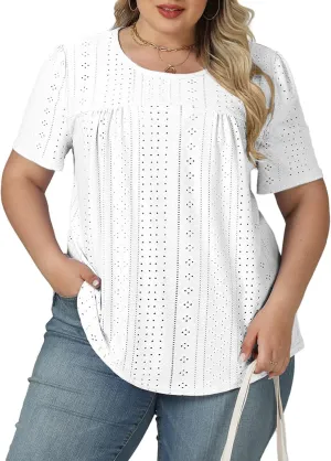VISLILY Womens-Plus-Size-Summer-Tops Trendy Eyelet Embroidery T Shirts Cute Curved Hem Tunics Casual Short Sleeve Blouse Tees