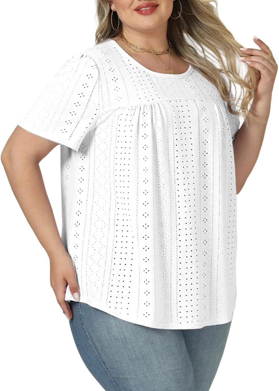 VISLILY Womens-Plus-Size-Summer-Tops Trendy Eyelet Embroidery T Shirts Cute Curved Hem Tunics Casual Short Sleeve Blouse Tees