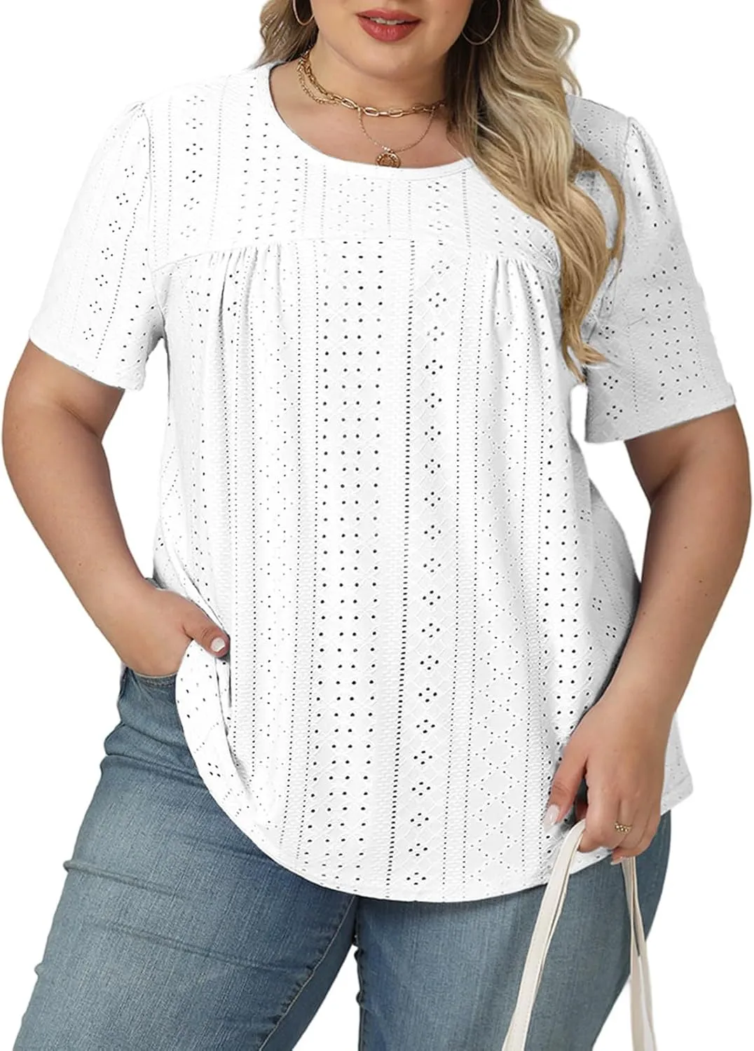 VISLILY Womens-Plus-Size-Summer-Tops Trendy Eyelet Embroidery T Shirts Cute Curved Hem Tunics Casual Short Sleeve Blouse Tees